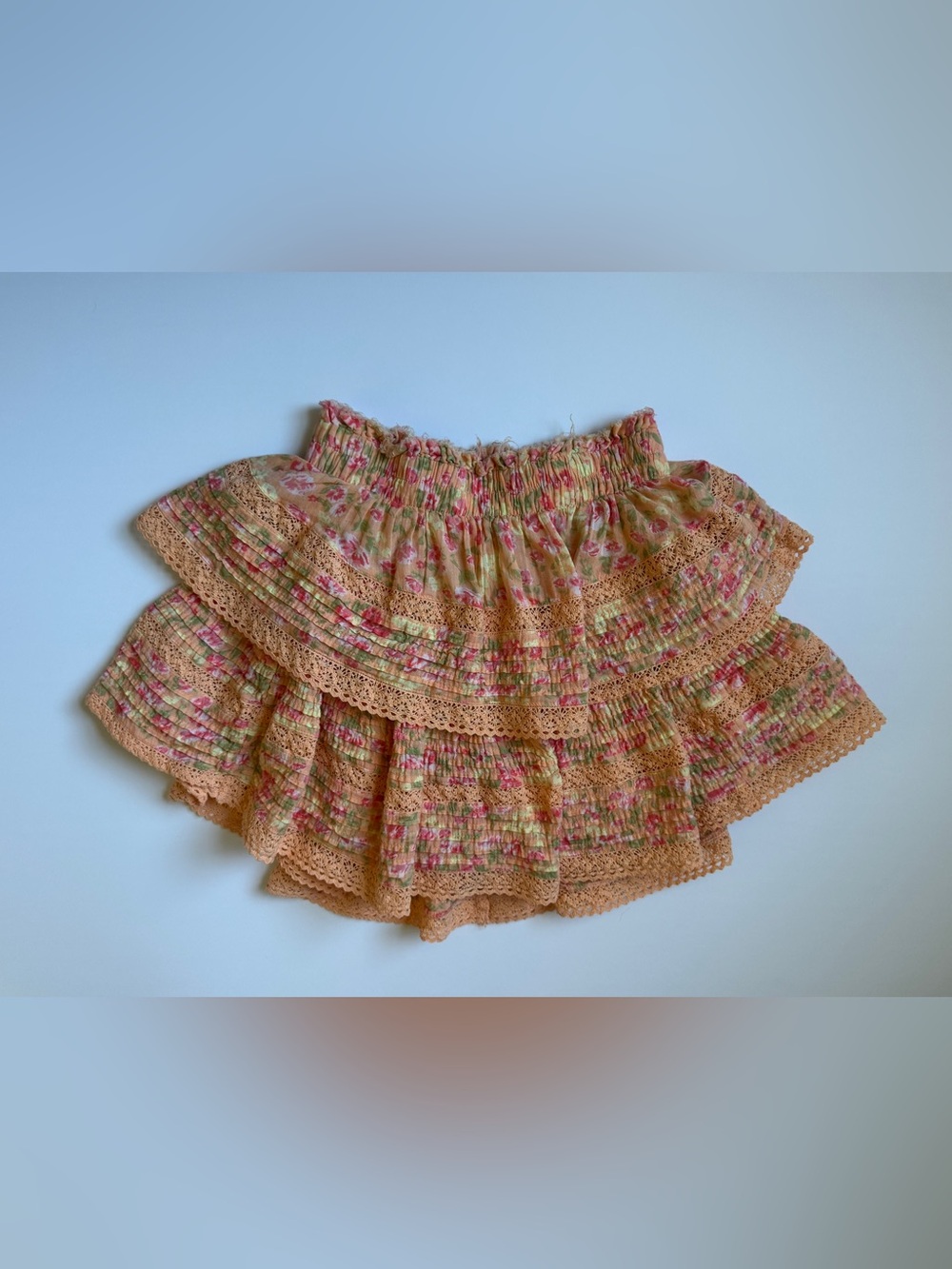 aerie Peach and Pink Floral Tiered Ruffle Mini Skirt